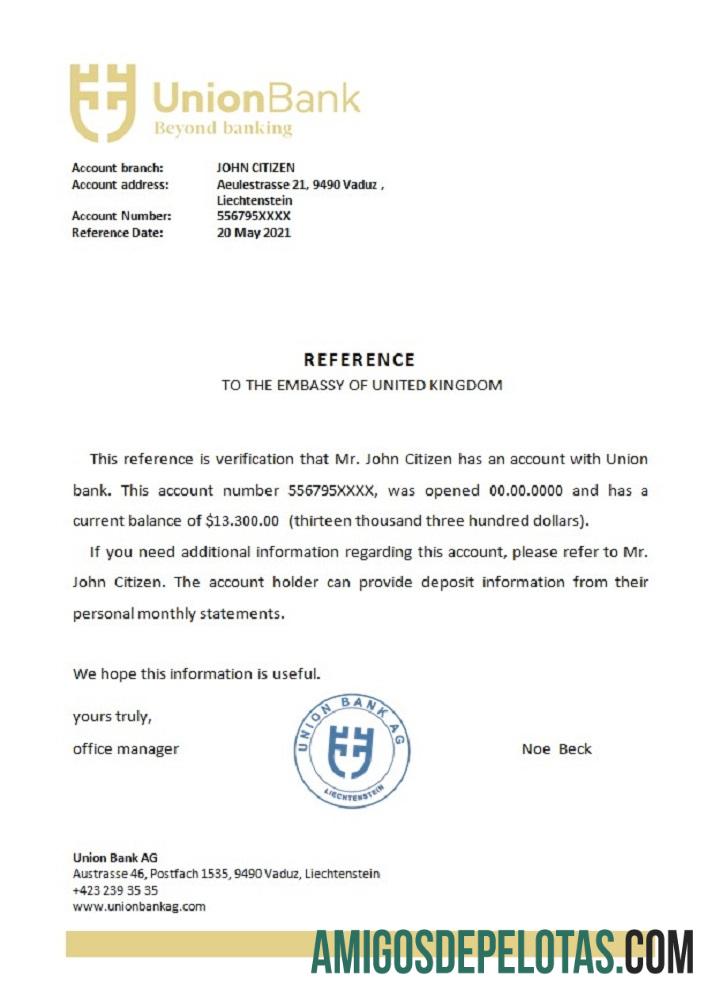 Referência do Liechtenstein Union Bank amostra